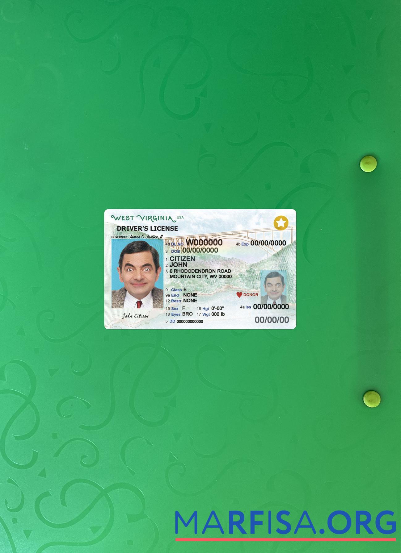 Realistic USA West Virginia driving license photolook 2023 present download for verification